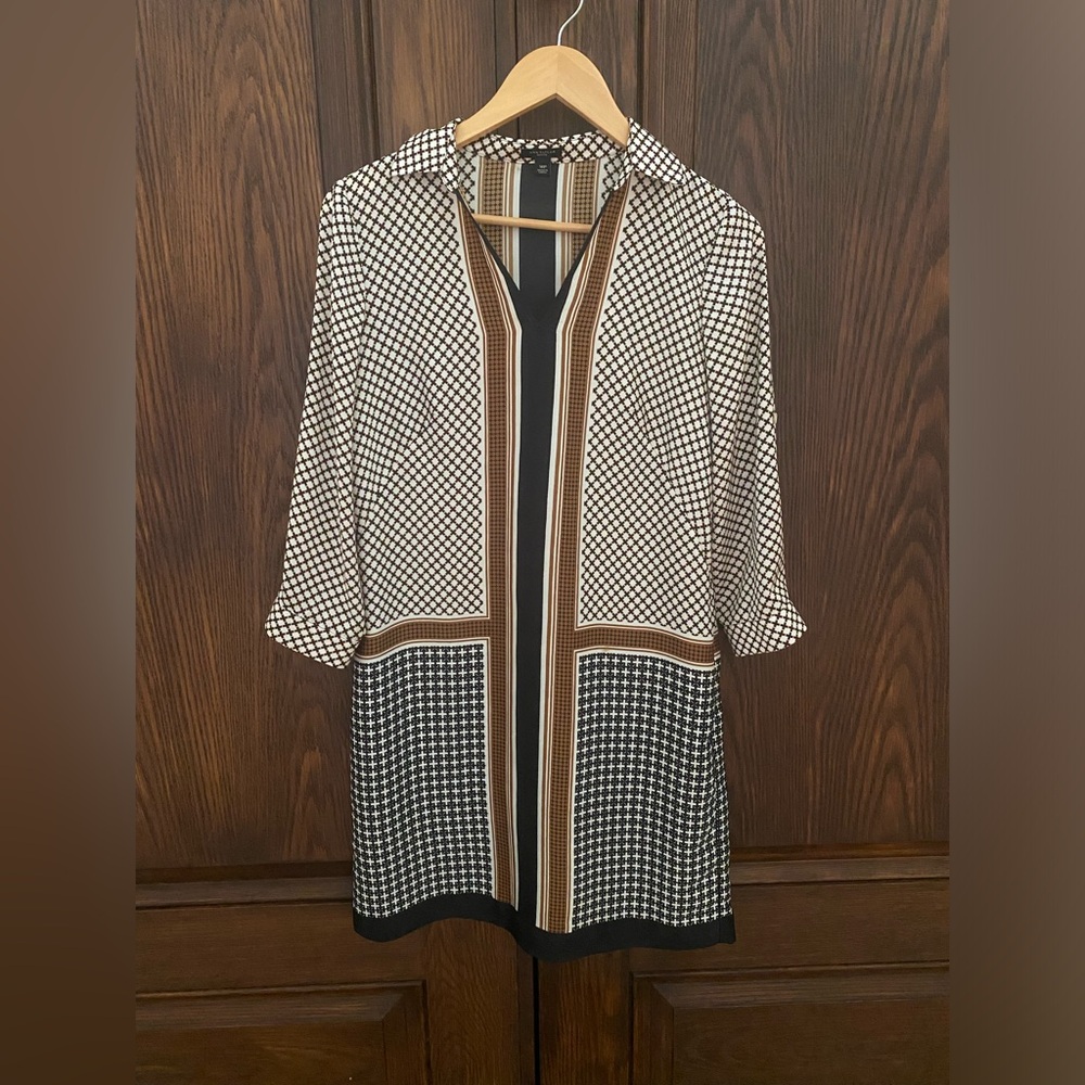 Ann Taylor Black and White Patterned Dress with Brown Accents